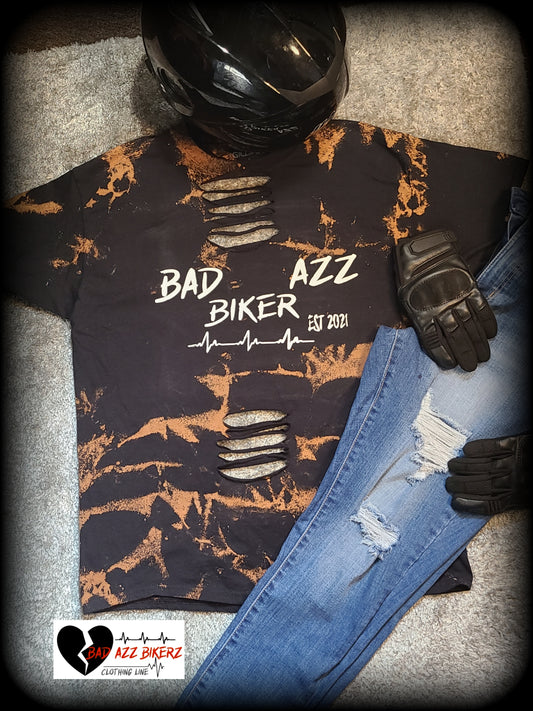" BAD AZZ BIKER " Distressed Bleached Short Sleeve T- shirt (Black )