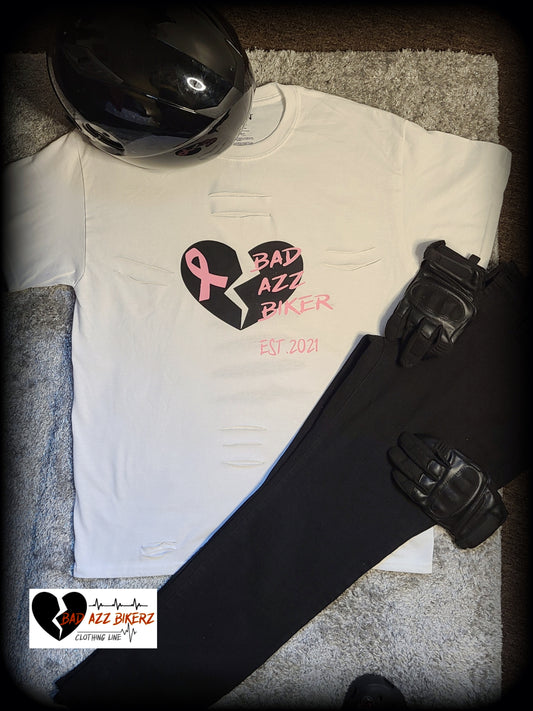 " BAD AZZ BIKER " BREAST CANCER Short Sleeve T- shirt ( White )