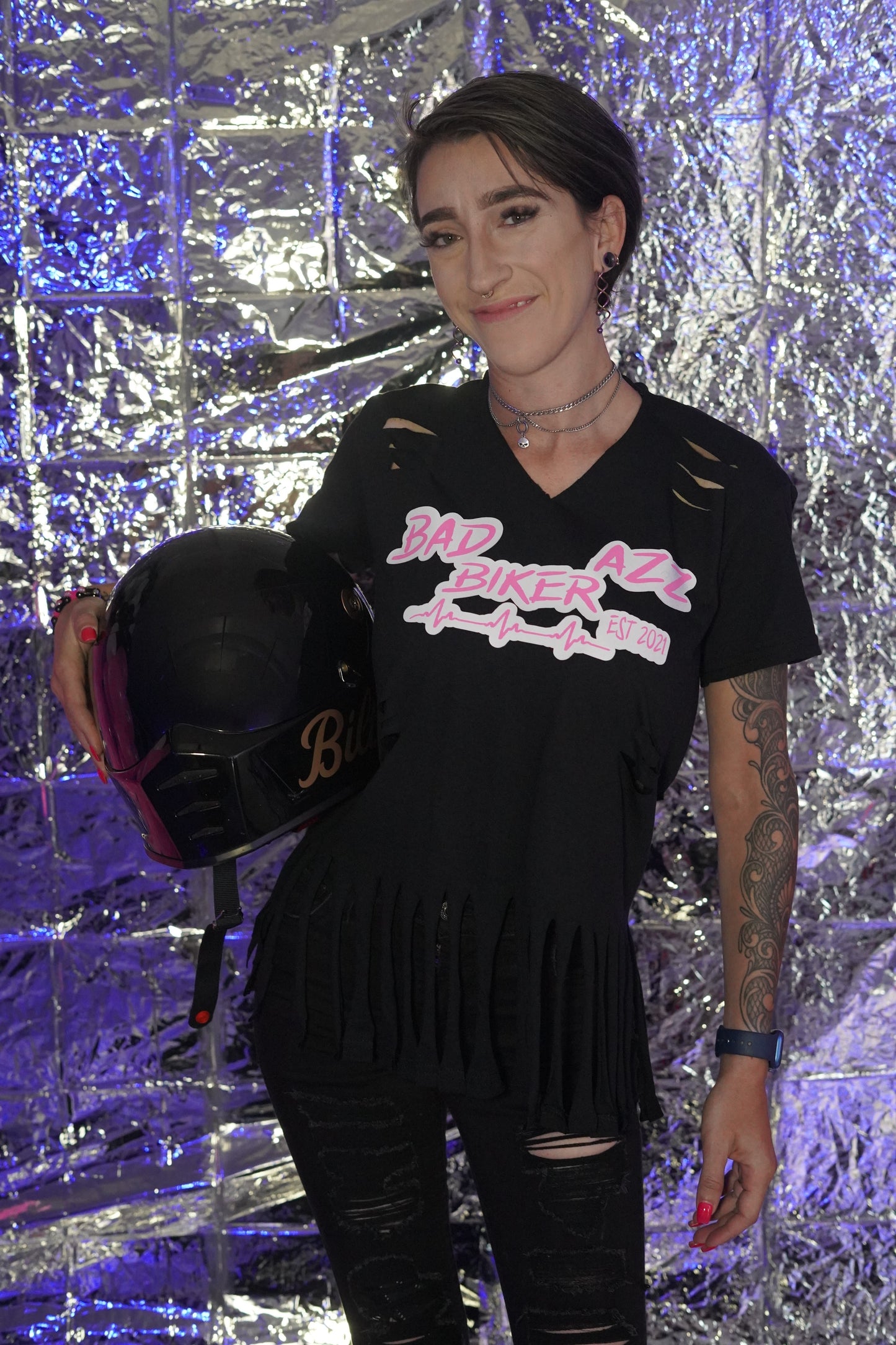 BAD AZZ BIKER "PINK BLACKOUT" GLOW- IN-DARK DISTRESSED FRINGE TEE SHIRT.