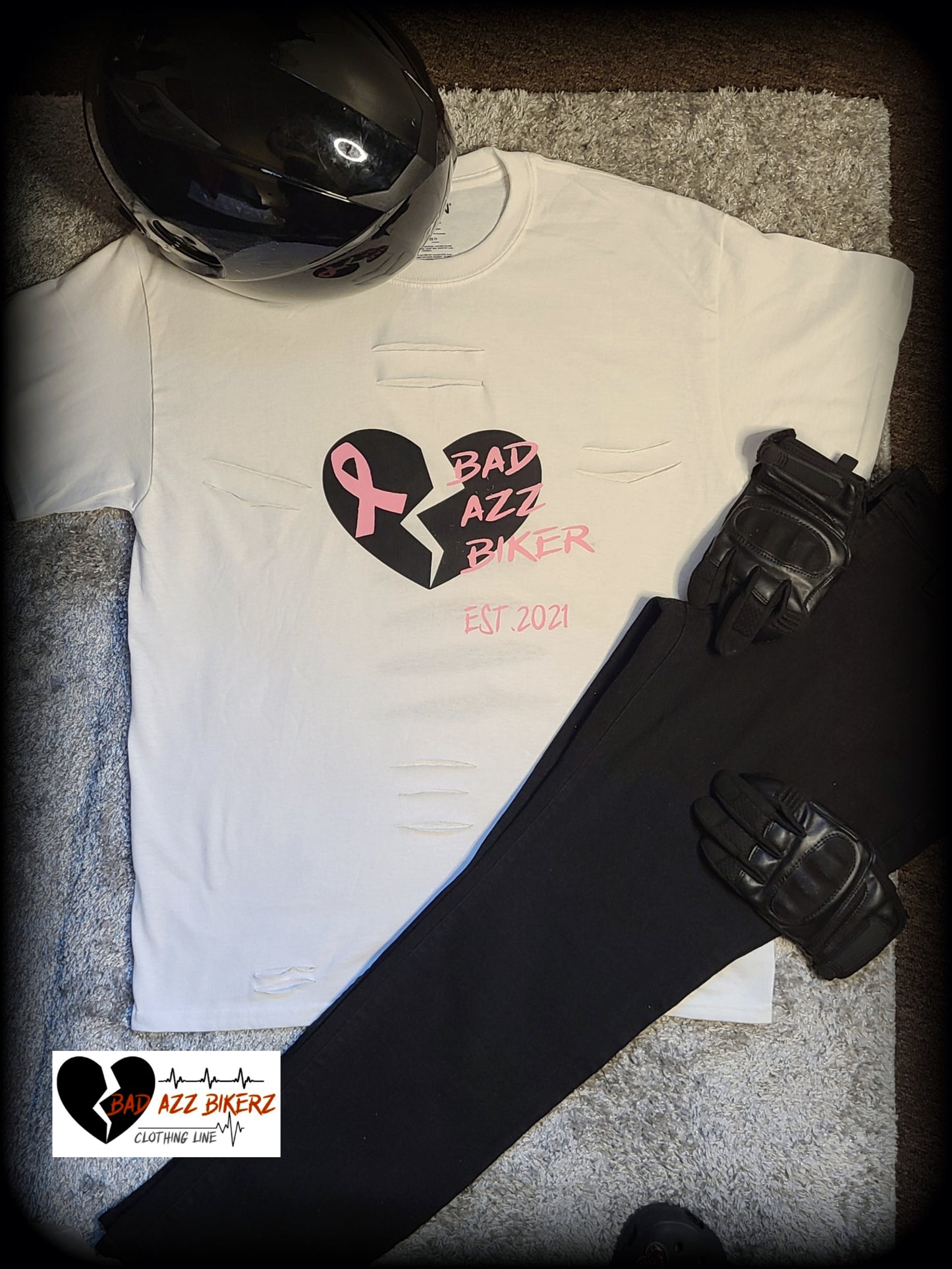 " BAD AZZ BIKER " BREAST CANCER  Short Sleeve T- shirt ( White )